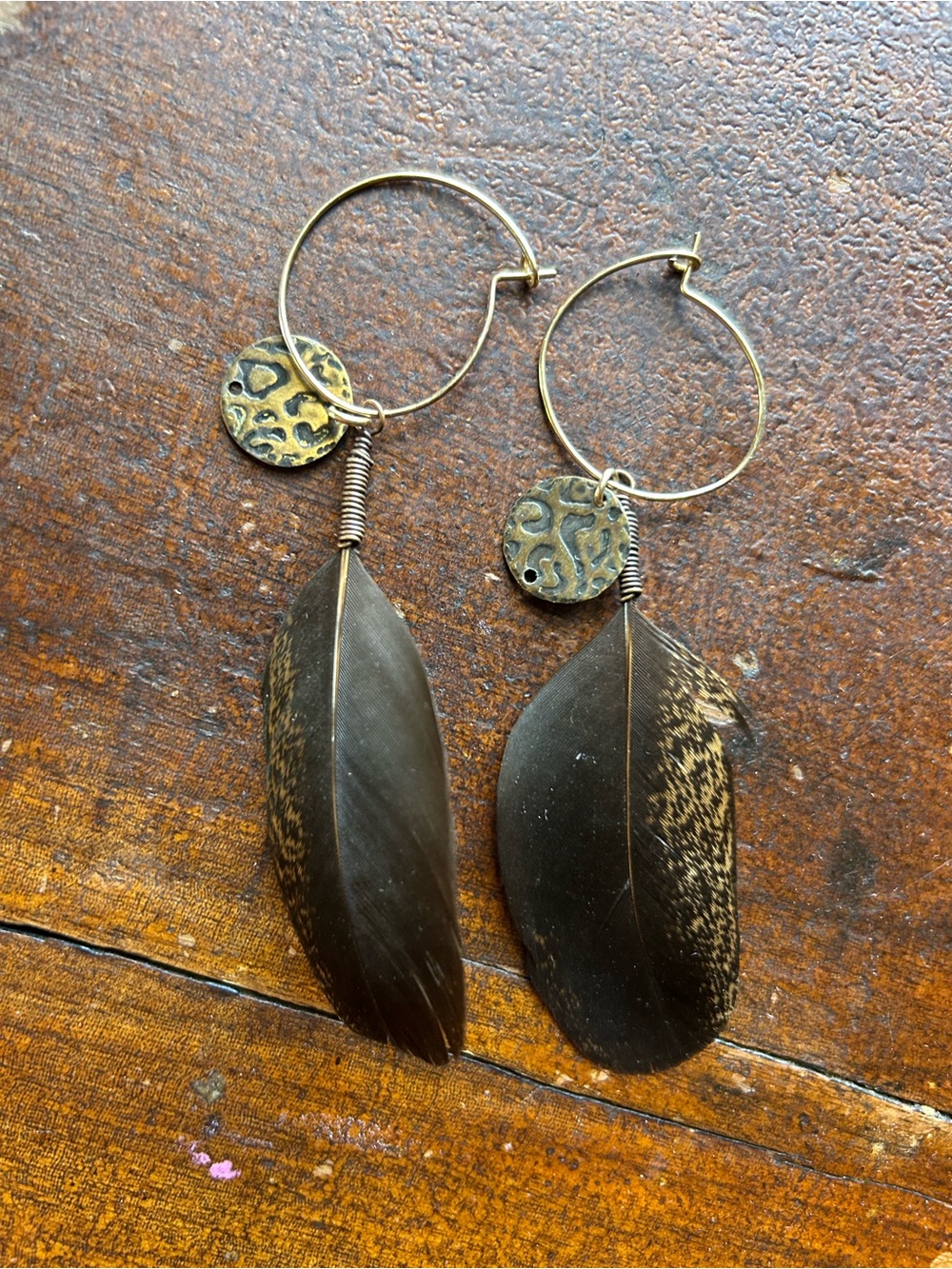 Boho Feather Hoop Earrings with Antique Gold Medallions - Black